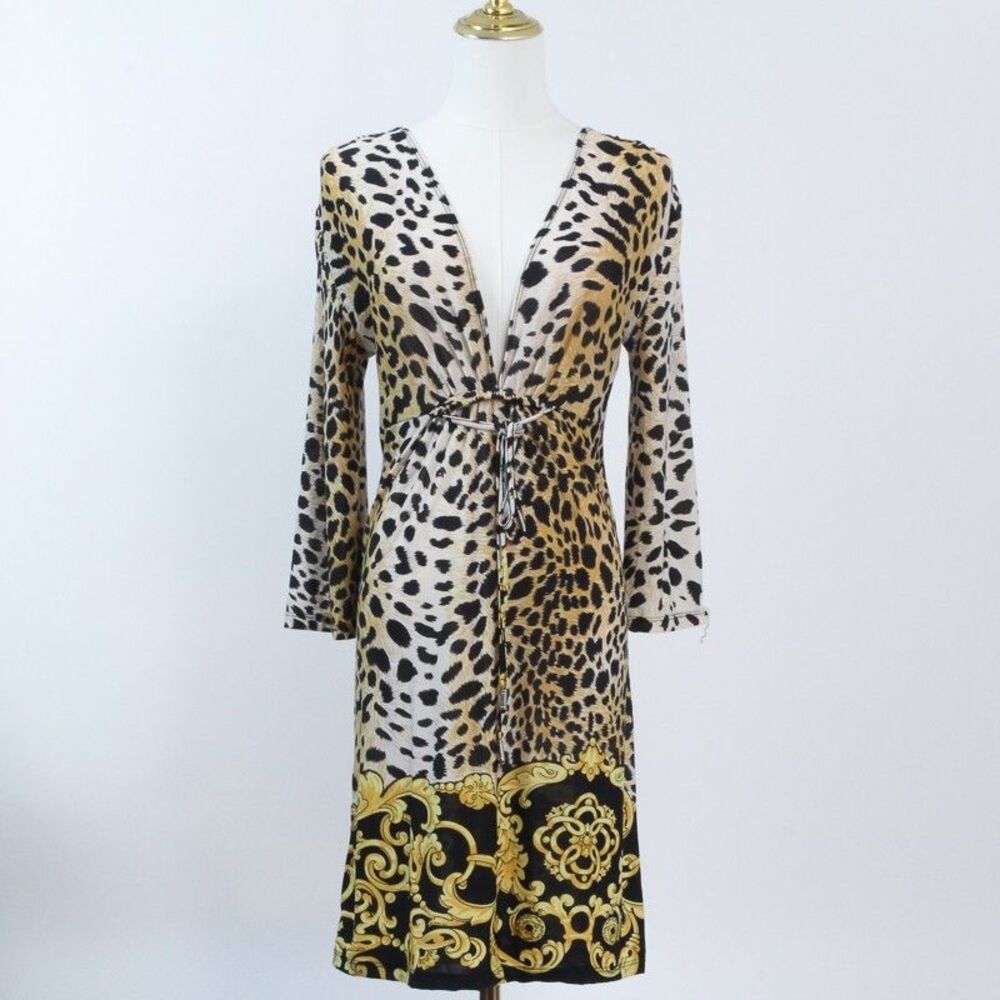 Ocean Blue Baroque Cheetah Print V-Neck Dress Leopard Gold Scroll Sexy Fit S/M